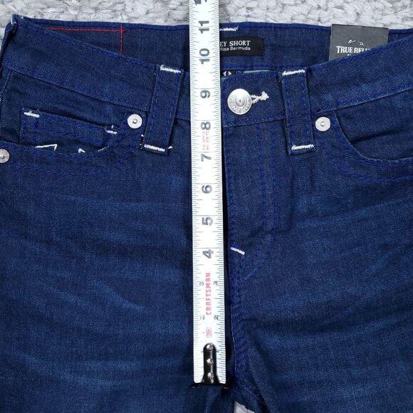 True Religion Riley Big T Raw Hem Mid Rise Bermuda Jean Shorts Dark Wash Size 27 - Picture 7 of 11